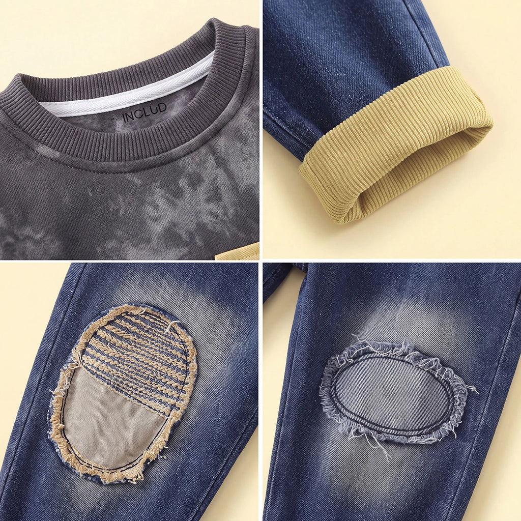Boys Dark Grey Abstract Printed Sweatshirt & Denim Pants Sets Sets