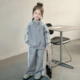 Girls Grey Solid Half Zipper Sweatshirt With Pants Winter Co-ord Set