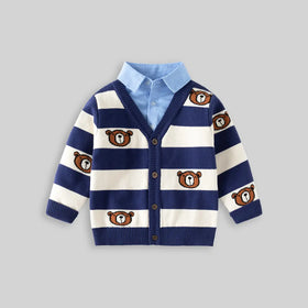 Boys Blue Stripes Knitted Cardigan With Shirt Collar Sweaters & Cardigans