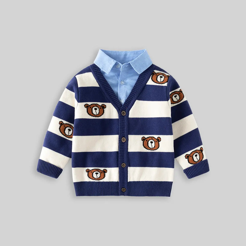 Boys Blue Stripes Knitted Cardigan With Shirt Collar Sweaters & Cardigans