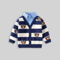 Boys Blue Stripes Knitted Cardigan With Shirt Collar Sweaters & Cardigans