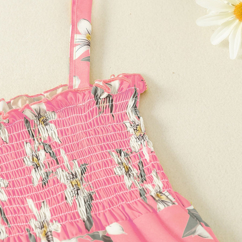Girls Pink Floral Print Smocked Full Length Jumpsuit Jumpsuits