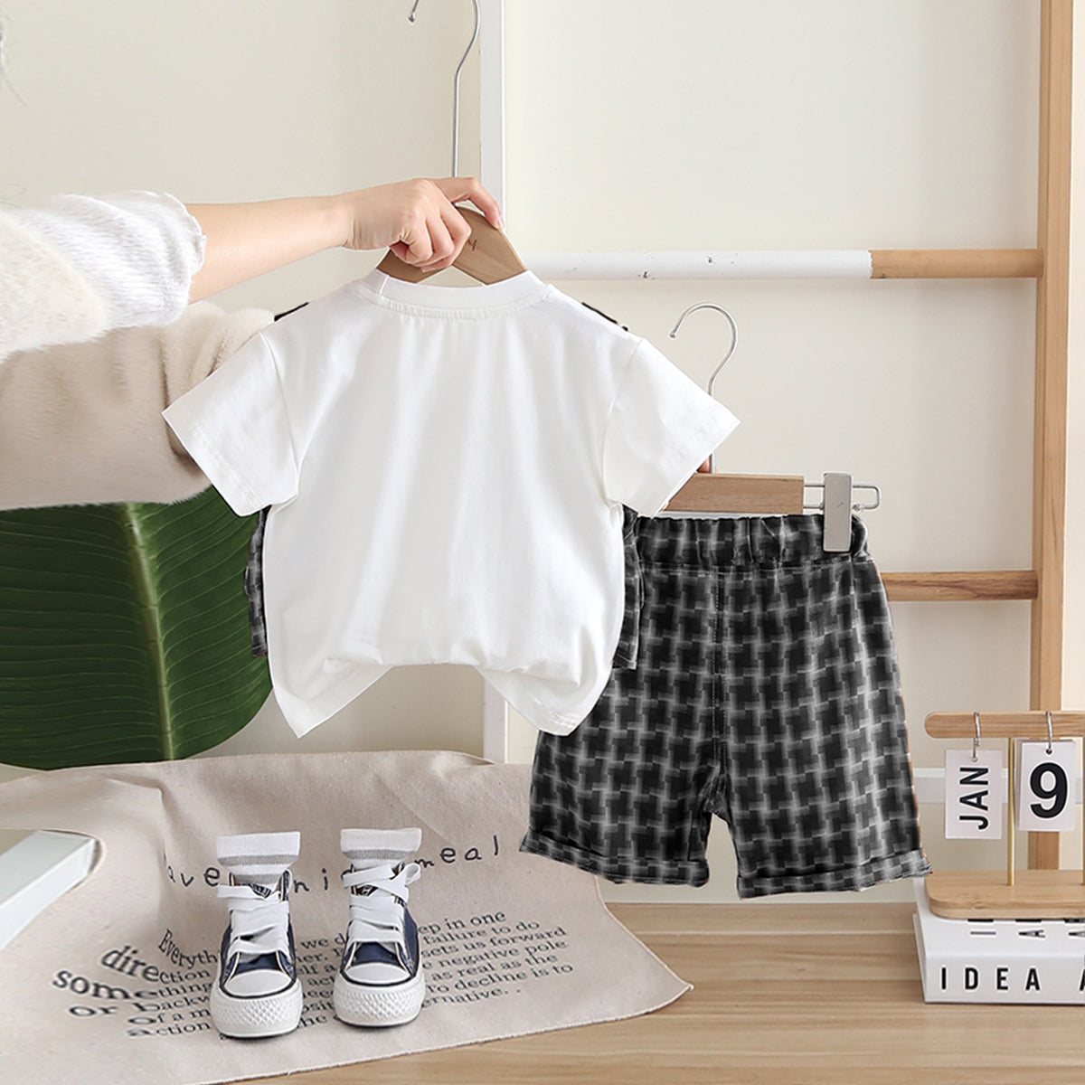 Boys Attached Waistcoat T-Shirt With Black Abstract Printed Shorts Set 2 pc. Sets