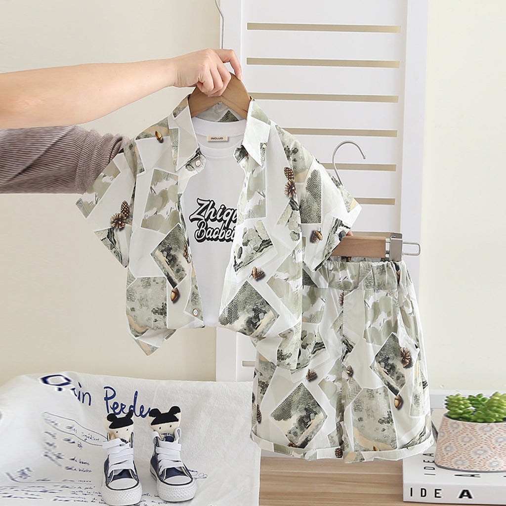 Boys Off White Graphic Printed Shirt With T-Shirt And Shorts Set 3 pc. Sets Off White 1-2 Y