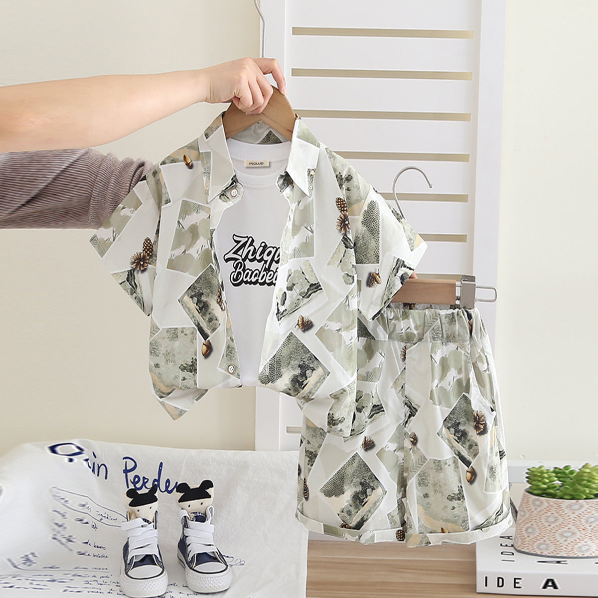 Boys Off White Graphic Printed Shirt With T-Shirt And Shorts Set 3 pc. Sets Off White 1-2 Y