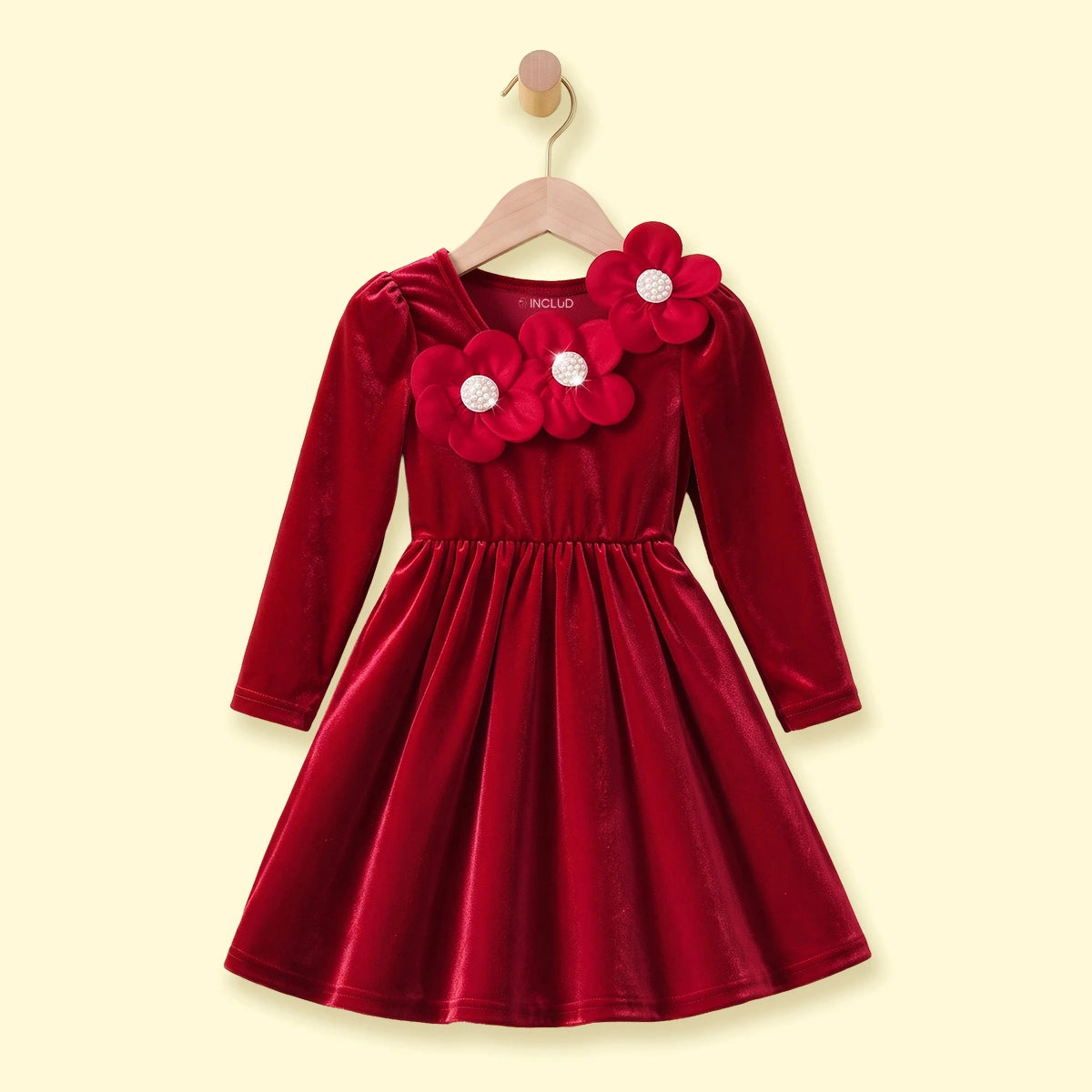 Girls Red Floral Applique Fit & Flare Dress Casual Dresses Red 3-4 Y