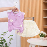 Girls Purple Cat Appliqued Flutter Sleeves Top With Balloon Shorts Set