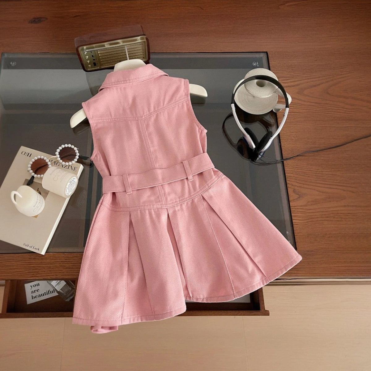Girls Pink Sleeveless Belted Denim Shirt Dress Casual Dresses