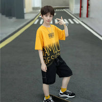 Boys Mustard Typographic Printed Oversized T-Shirt With Shorts Set Sets