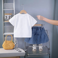 Girls White Butterfly Applique T-Shirt With Pleated Denim Shorts Set Sets