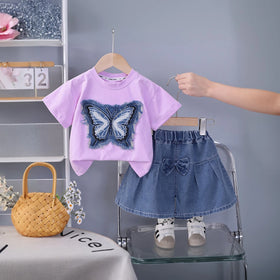 Girls Purple Butterfly Applique T-Shirt With Pleated Denim Shorts Set Sets Purple 1-2 Y