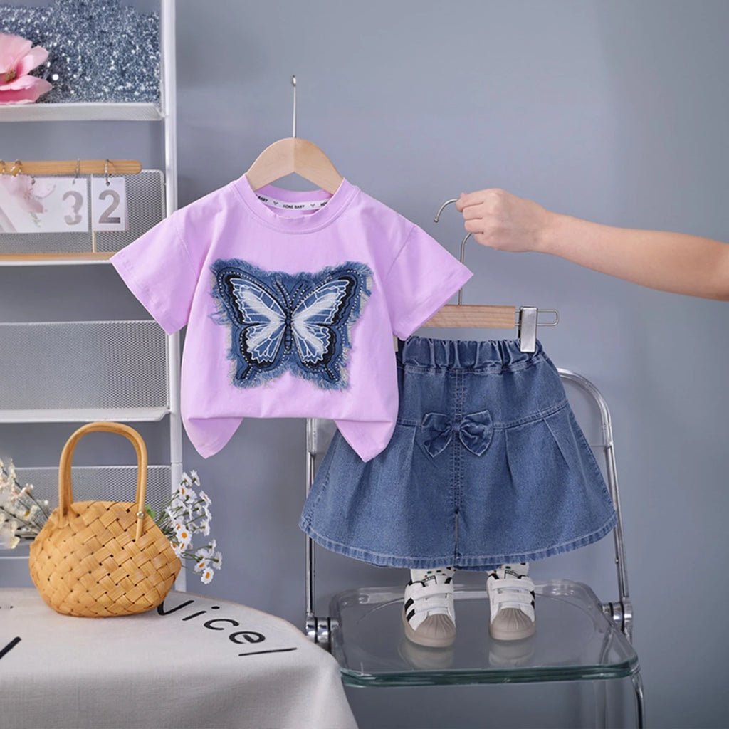 Girls Purple Butterfly Applique T-Shirt With Pleated Denim Shorts Set Sets Purple 1-2 Y