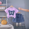 Girls Purple Butterfly Applique T-Shirt With Pleated Denim Shorts Set Sets Purple 1-2 Y