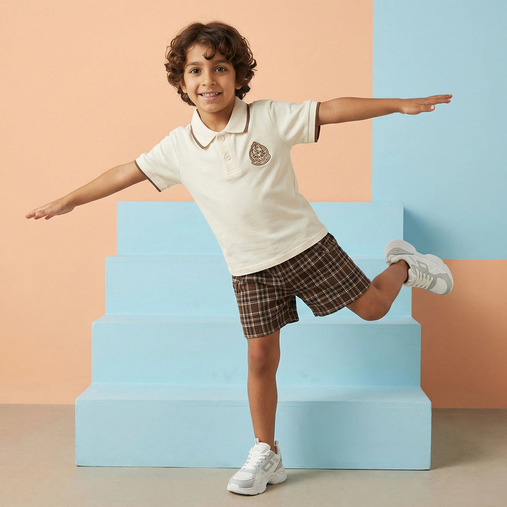 Boys Cream Short Sleeves Polo T-Shirt With Checked Shorts Set Sets Cream 1-2 Y