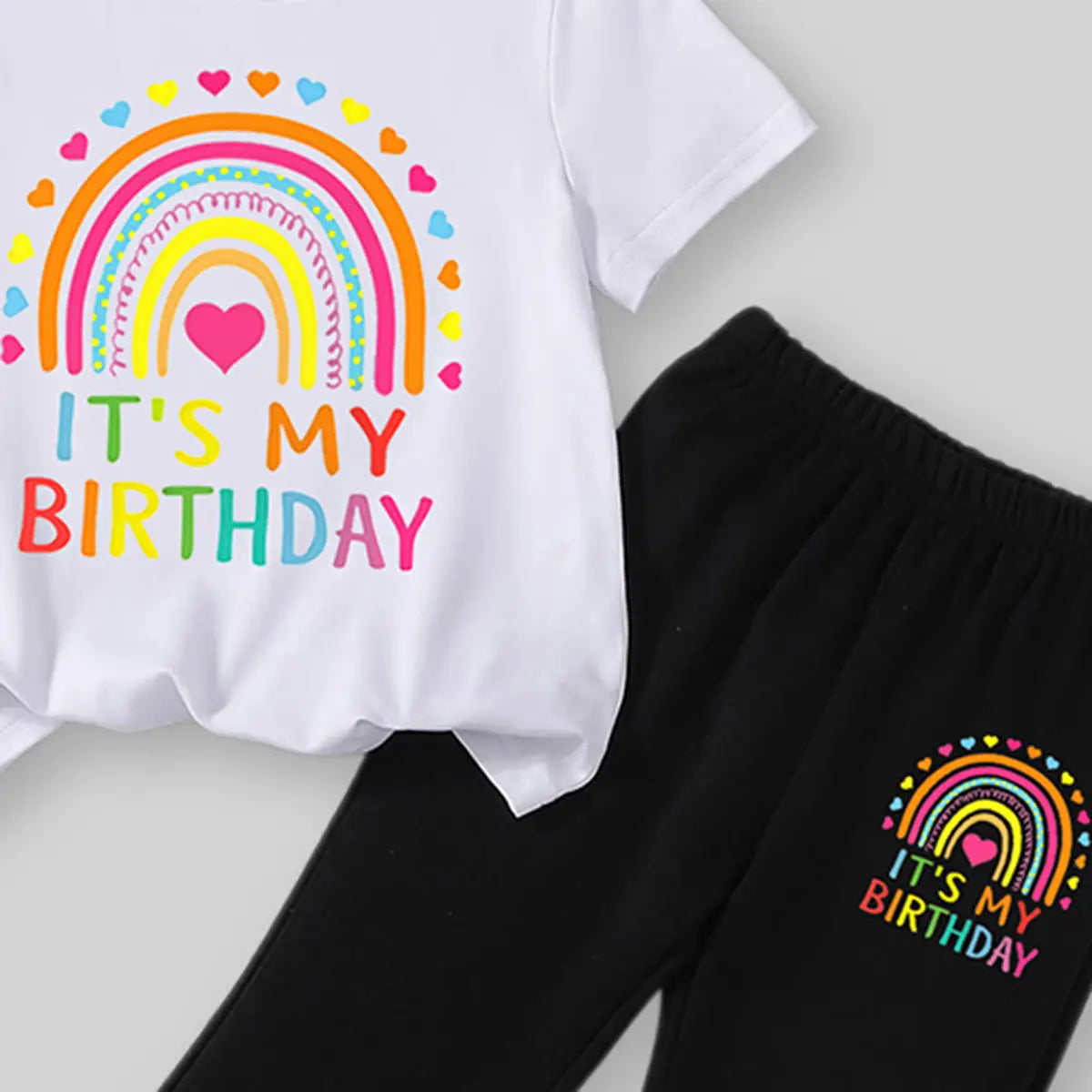 Girls White Birthday & Rainbow Printed T-Shirt With Flared Pants Sets Sets