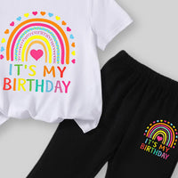 Girls White Birthday & Rainbow Printed T-Shirt With Flared Pants Sets Sets