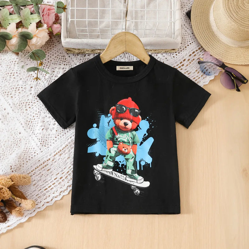 Boys Black Graphics Short Sleeves T-Shirt With Denim Pants Set Sets