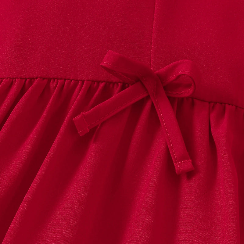 Girls Red Solid Summer Tiered Dress With Bow Details Casual Dresses