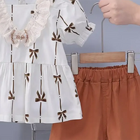 Girls Brown Bow Print Puff Sleeve Top With Shorts Sets Sets