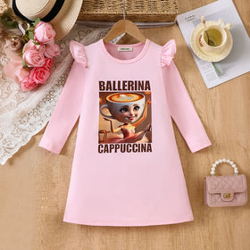 Girls Pink Graphics Printed Long Sleeves A-line Dress Casual Dresses Pink 3-4 Y
