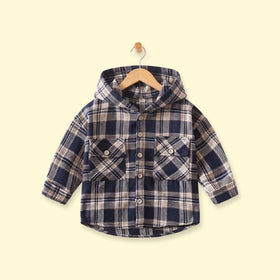 Boys Navy Blue Checked Long Sleeve Hooded Shirt Shirts Navy Blue 1-2 Y