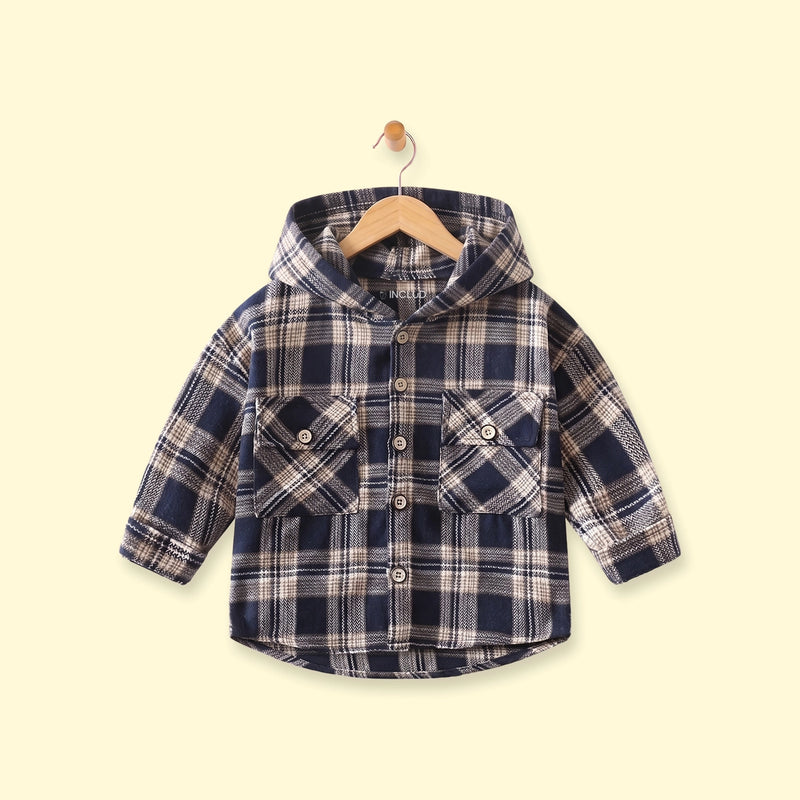 Boys Navy Blue Checked Long Sleeve Hooded Shirt Shirts Navy Blue 1-2 Y