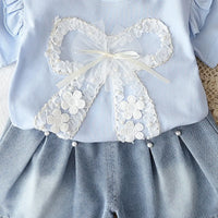 Girls Sky Blue Bow Applique Flutter Sleeve Top With Denim Shorts Sets 2 pc. Sets