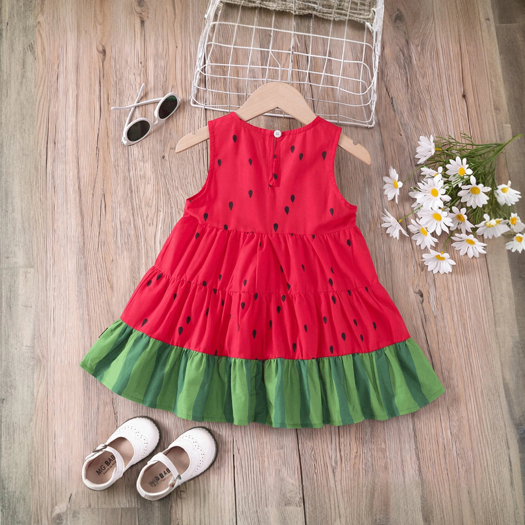 Girls Red Watermelon Print Sleeveless Tiered Dress Casual Dresses