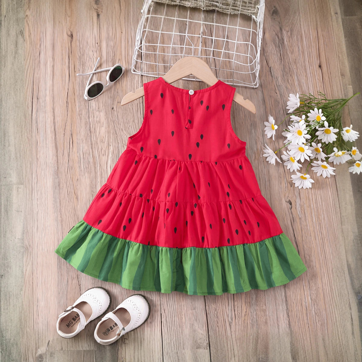 Girls Red Watermelon Print Sleeveless Tiered Dress Casual Dresses
