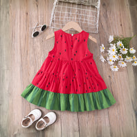 Girls Red Watermelon Print Sleeveless Tiered Dress Casual Dresses