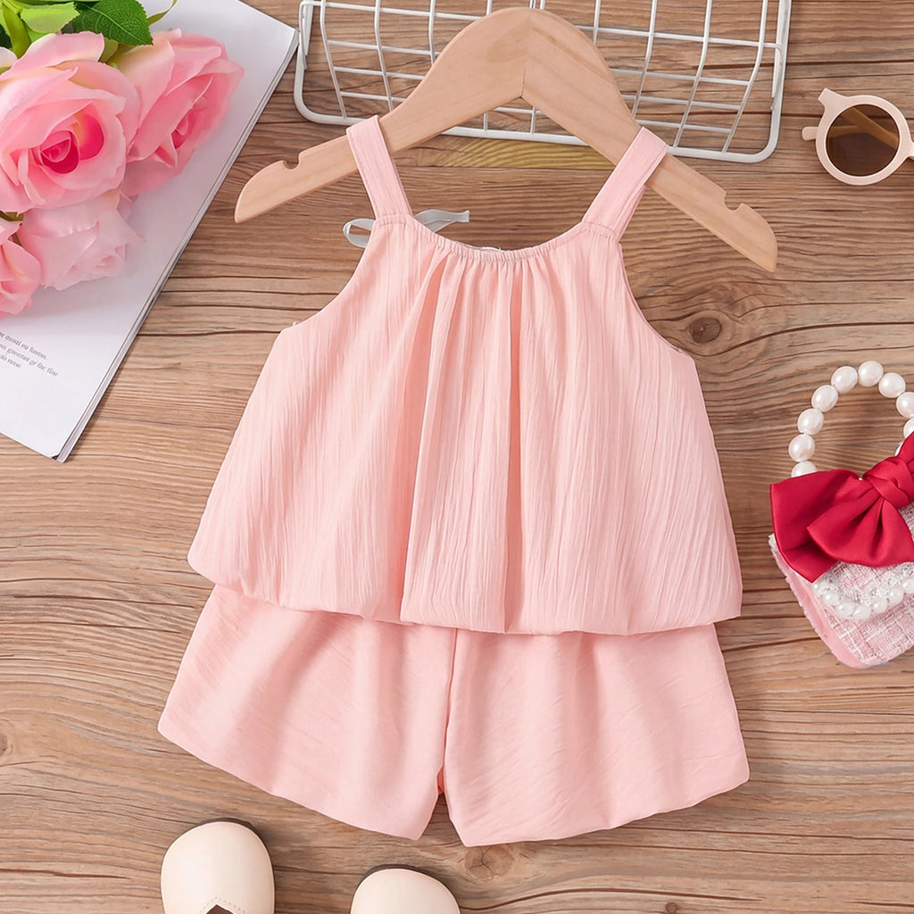 Girls Pink Flower Applique Sleeveless Top With Shorts Sets 2 pc. Sets
