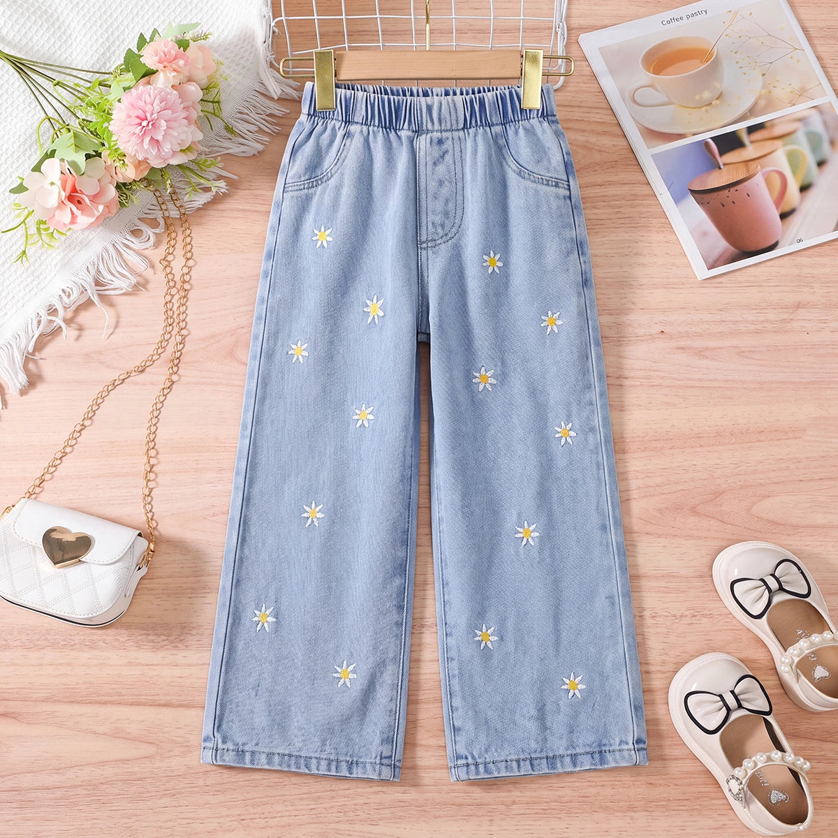 Girls Light Blue Floral Embroidered Relaxed Fit Denim Jeans Pants Light Blue 2-3 Y