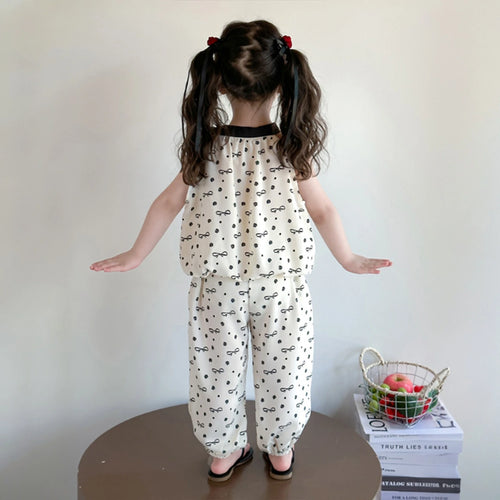 Girls Cream Bow Print Sleeveless Top With Elasticated Pants Sets Sets