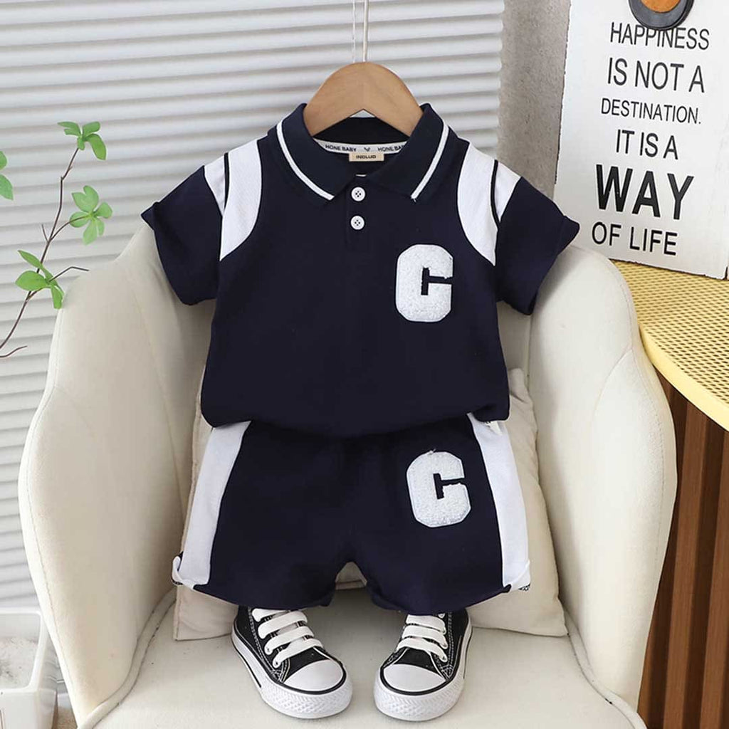 Boys Towel Embroidery Polo T-Shirt With Shorts Set