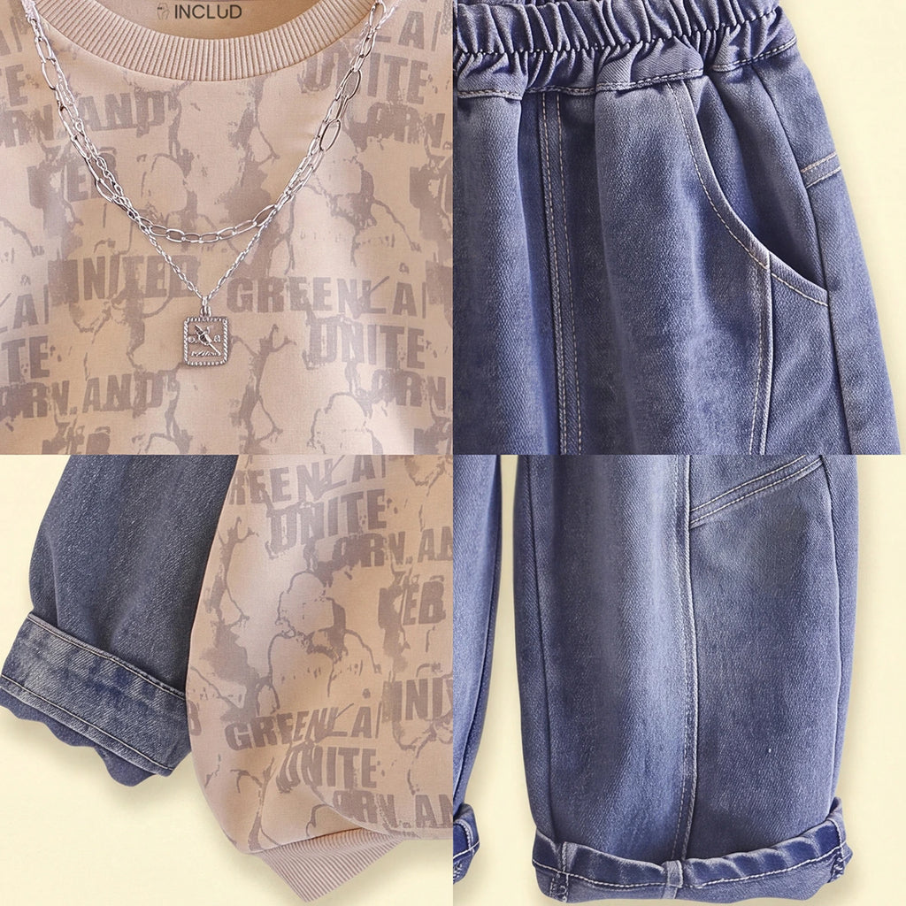 Boys Beige Typography Sweatshirt With Denim Pants Sets 2 pc. Sets