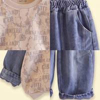 Boys Beige Typography Sweatshirt With Denim Pants Sets 2 pc. Sets