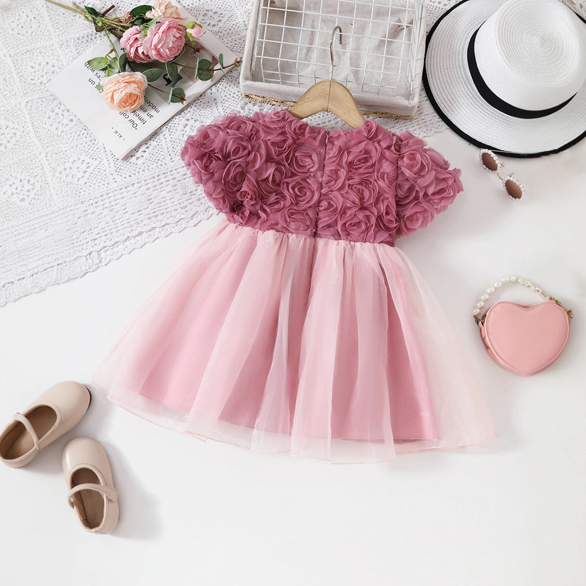 Girls Peach Floral Appliqued Fit & Flare Party Wear Dress Party Dresses