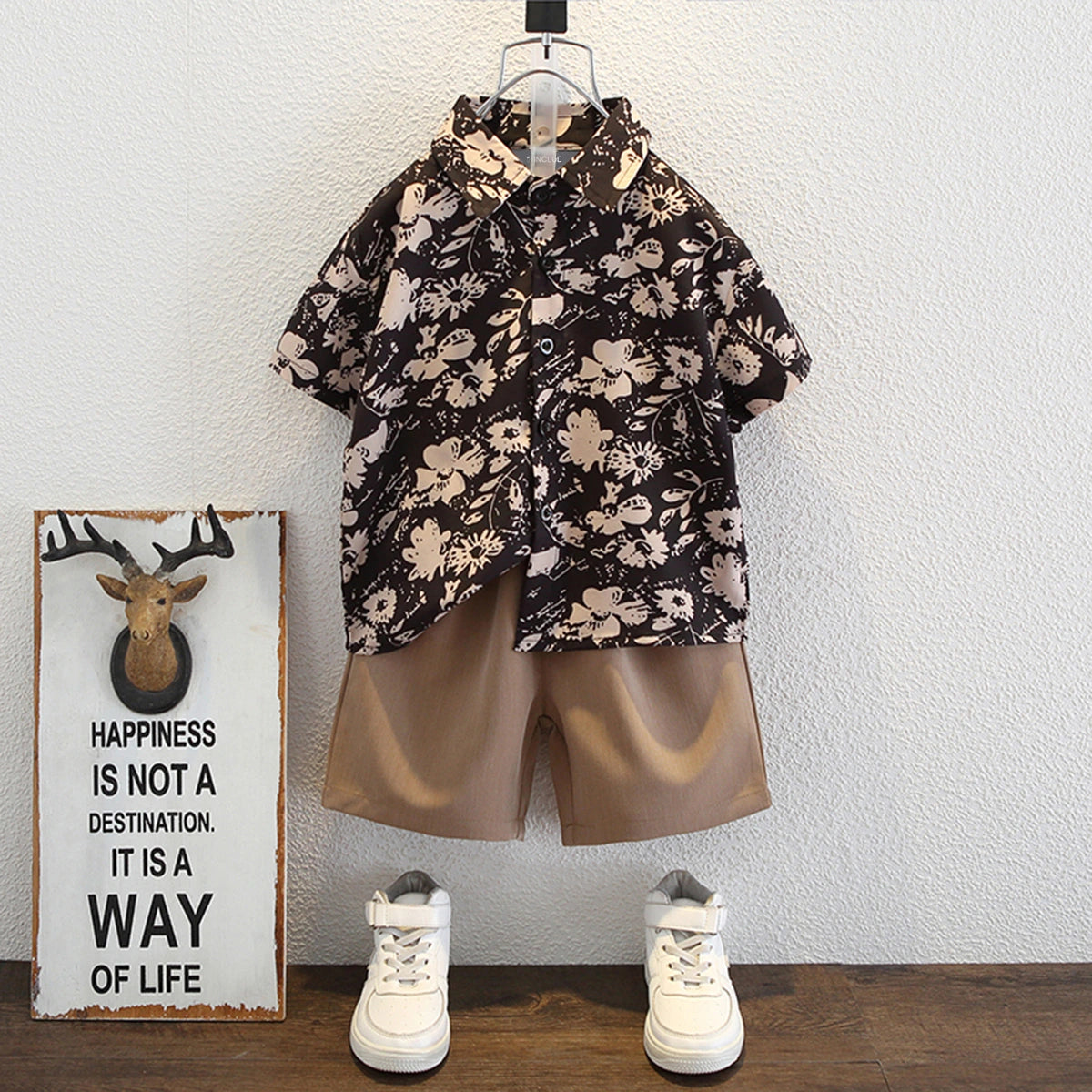 Boys Black Floral Print Button-Down Shirt With Shorts Set Sets Black 1-2 Y
