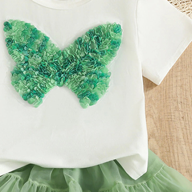 Girls White Butterfly Applique Short Sleeve T-Shirt With Skirt Sets 2 pc. Sets