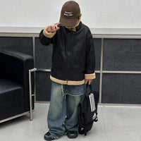 Boys Black Faux Leather Heavy Jacket With Fleece Lining Coats & Jackets