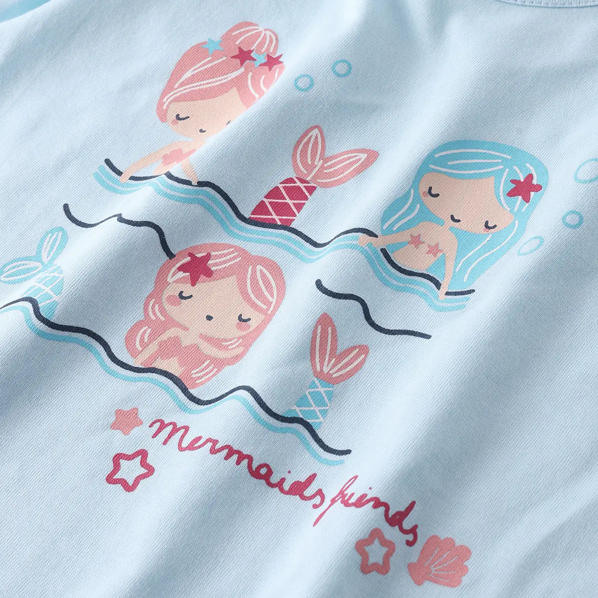 Girls Light Blue Mermaid Print Short Sleeves Top With Shorts Sets Sets