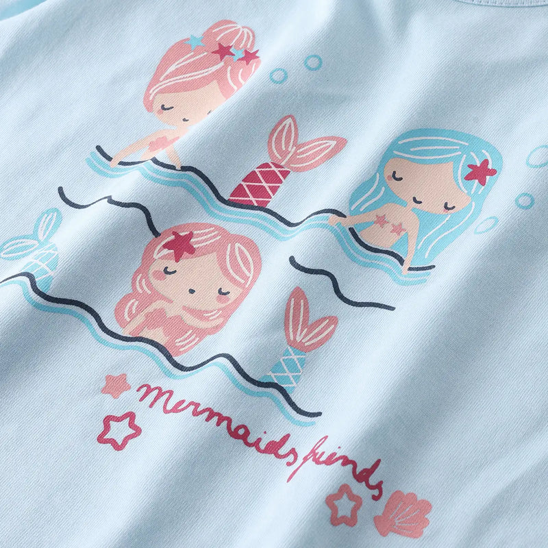 Girls Light Blue Mermaid Print Short Sleeves Top With Shorts Sets Sets