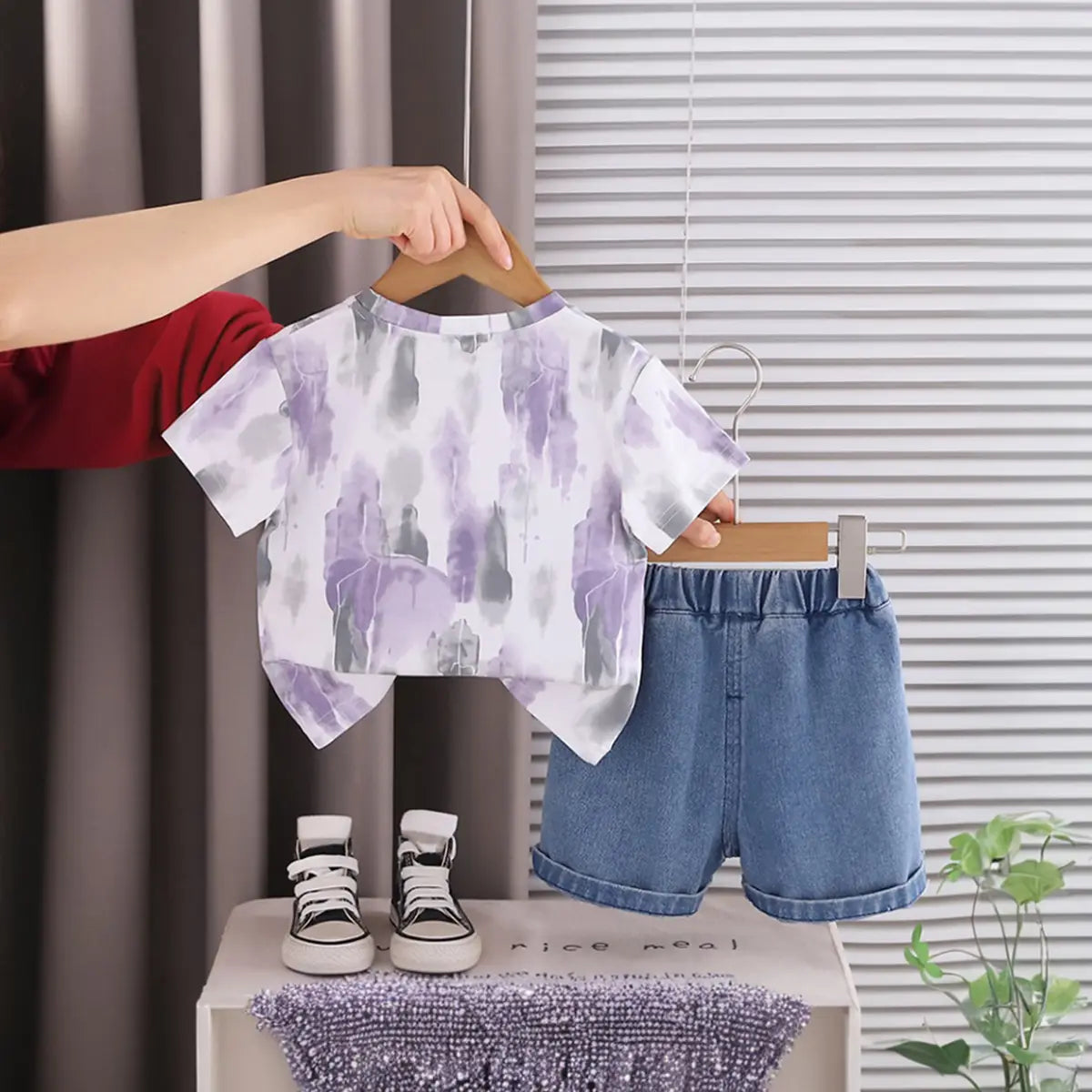 Boys Lavender Tie-Dye Printed Round Neck T-Shirt With Denim Shorts Sets 2 pc. Sets
