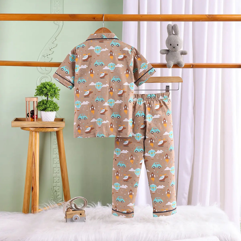 Girls Brown Hot Air Balloon Print Short Sleeve Shirt With Elasticated Pants Sets Sets