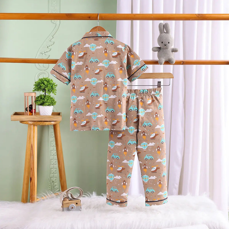 Girls Brown Hot Air Balloon Print Short Sleeve Shirt With Elasticated Pants Sets Sets