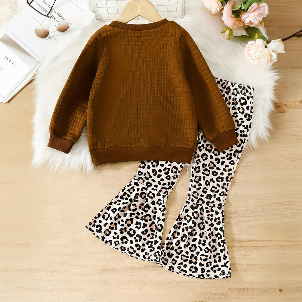 Girls Brown Waffle Knit Sweatshirt with Animal Print Flared Pants Set Sets