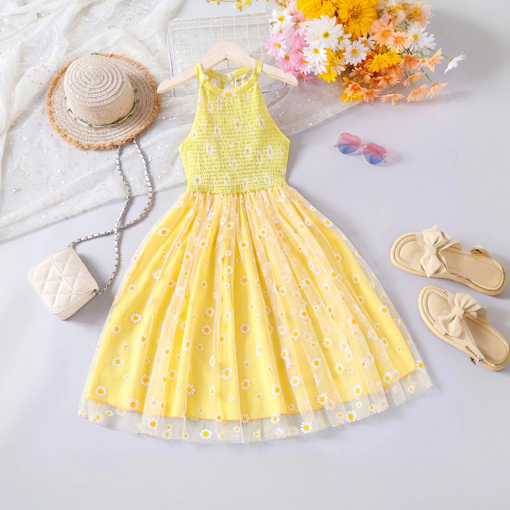 Girls Yellow Floral Print Sleeveless Fit & Flare Dress Casual Dresses Yellow 7-8 Y