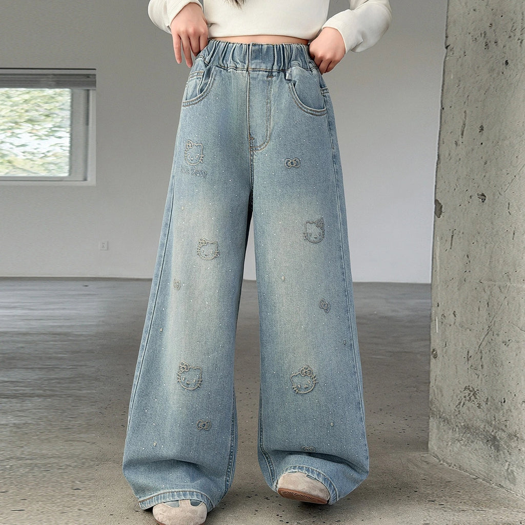 Girls Light Blue Kitty Embroidered Baggy Fit Denim Jeans Pants