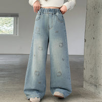 Girls Light Blue Kitty Embroidered Baggy Fit Denim Jeans Pants