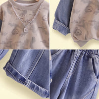 Boys Khaki Typography Sweatshirt With Denim Pants Sets 2 pc. Sets